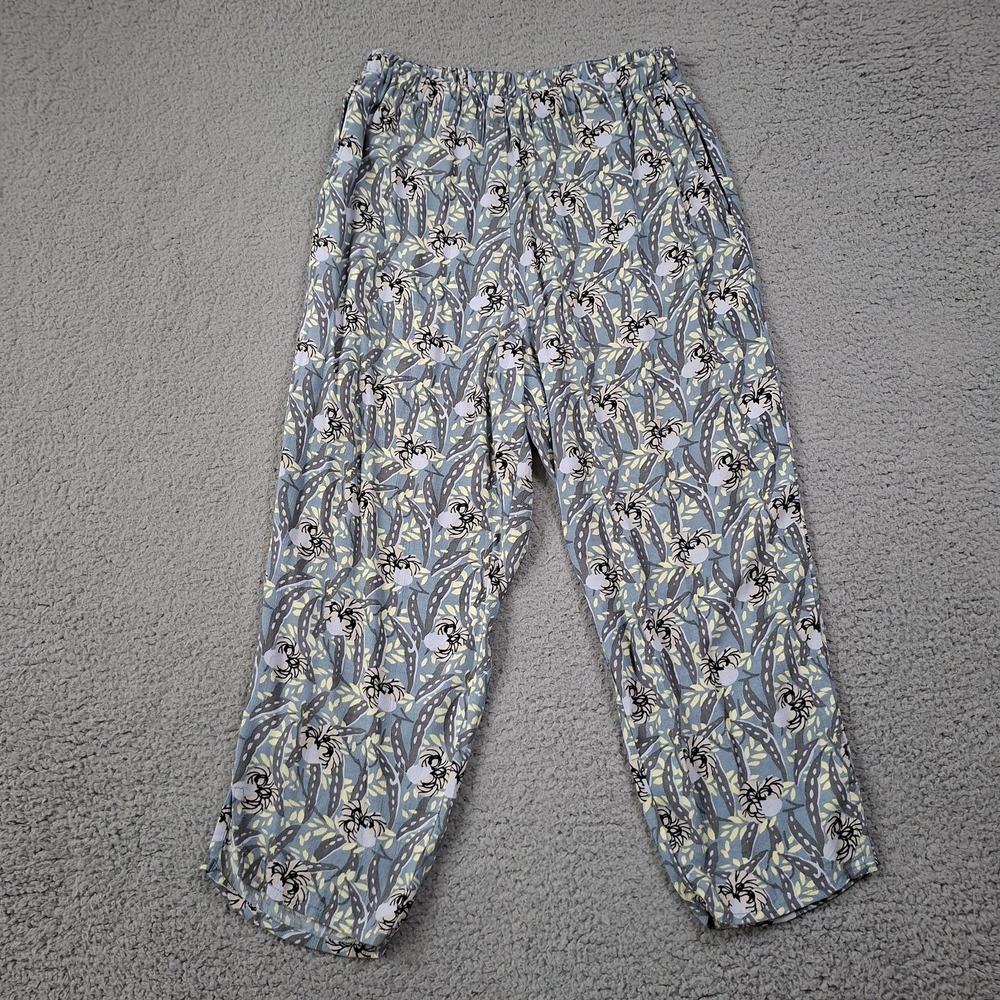 FLAX Small Rayon Pants Blue Pastel Floral Abstract Print Boho Elastic Waist Art